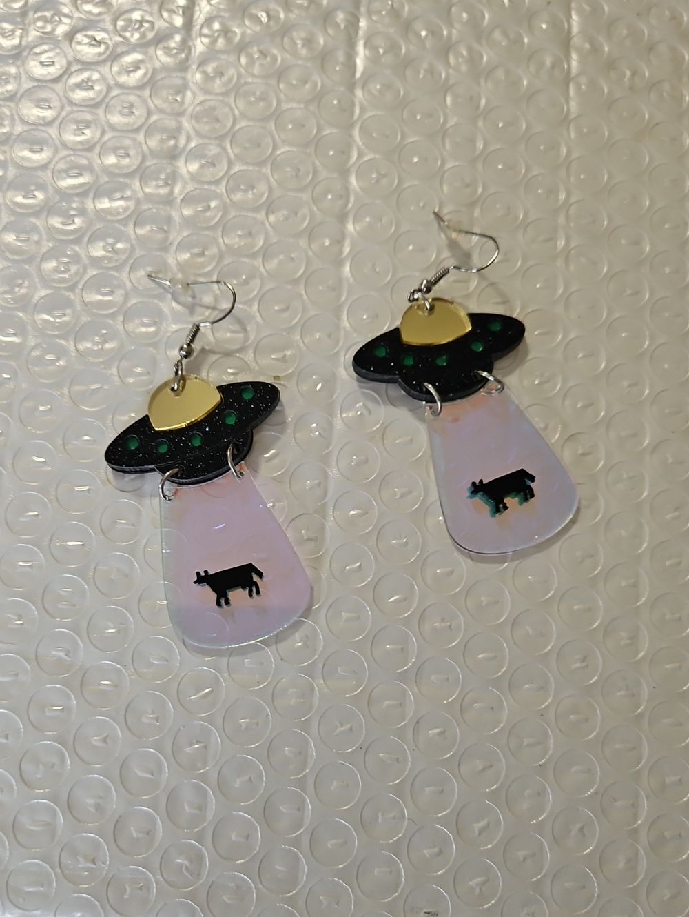 UFO Cow Abduction Dangle Earrings in Black, Gold & Iridescent Pink